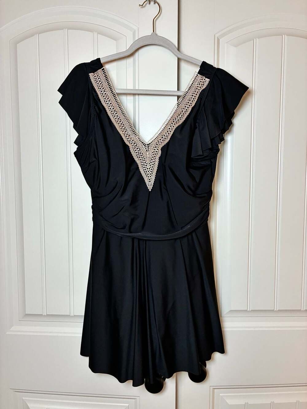 Black V-Neck Ruffle Swim Dress with Crochet Lace Trim Size XL